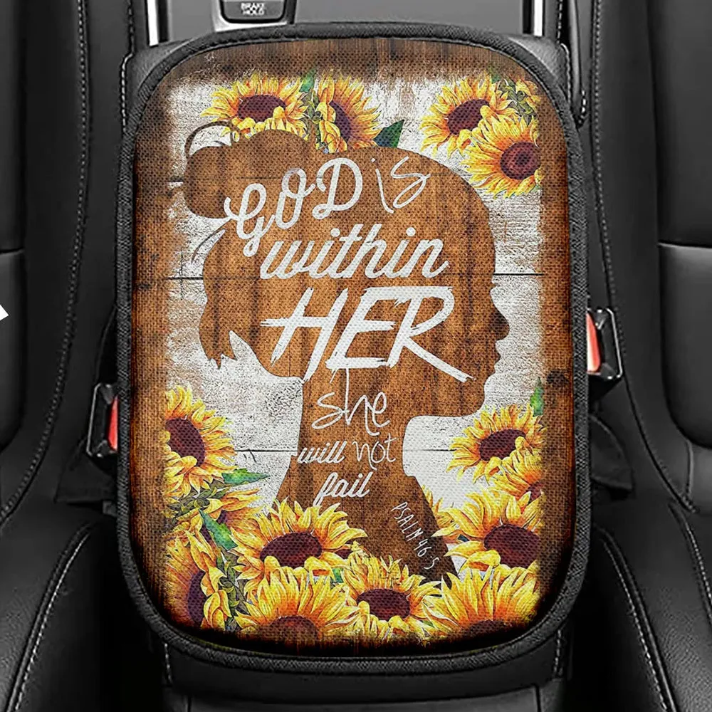 Sunflower Shadow Girl God Is Within Her She Will Not Fail Seat Box Cover, Christian Car Center Console Cover, Bible Verse Car Interior Accessories