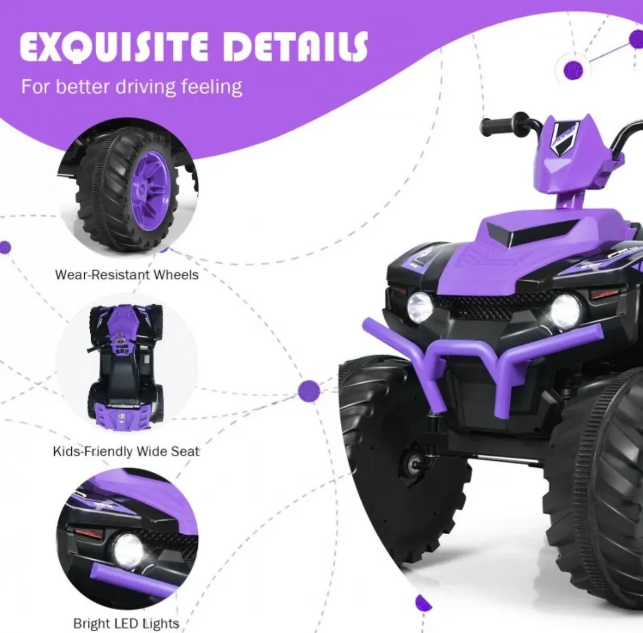 Super Cool 12V Kids Ride On ATV, Car 1 Seater | LED Lights | Heavy Duty Tires | Ages 3-7 | Music | 2 Speeds | Upgraded