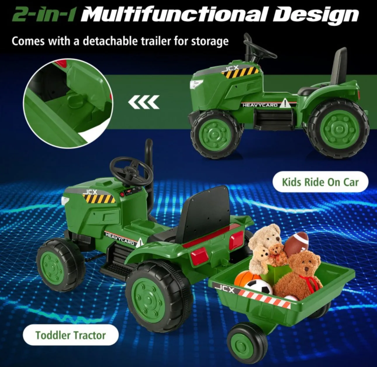 Super Cool 12Volt 2025 Kids Ride On Car Tractor With Trailer | USB | Lights | Horn | Radio | 3-7KPH Approx | Ages 3-8 | Remote