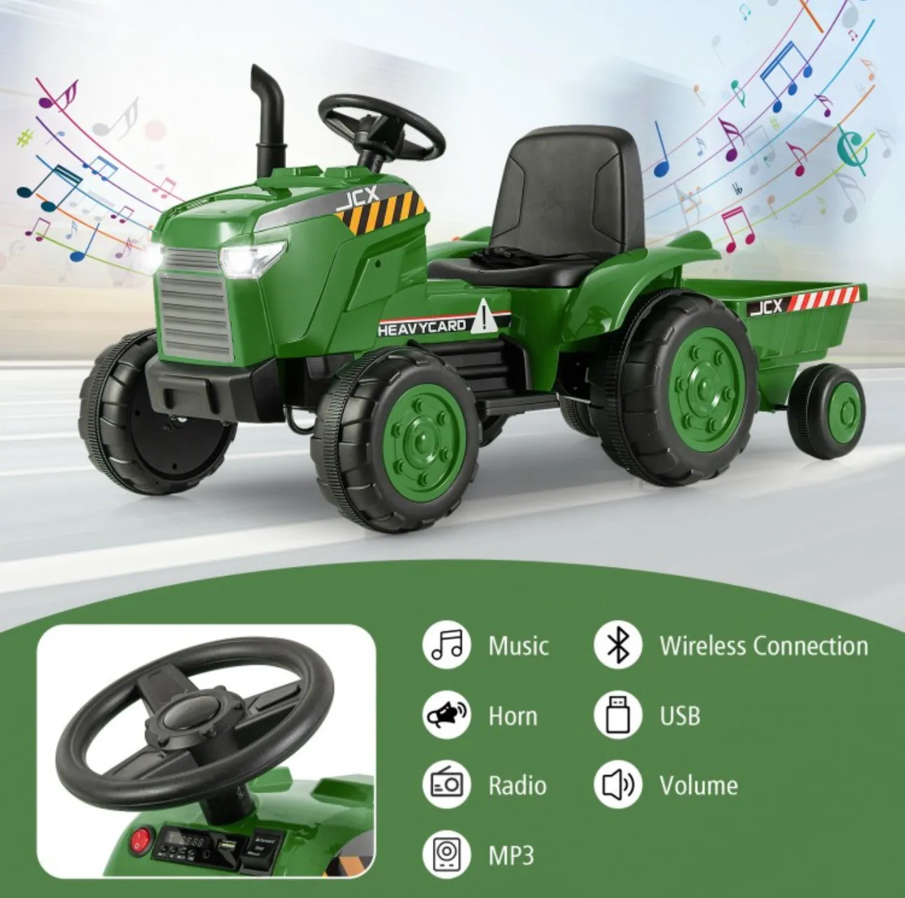 Super Cool 12Volt 2025 Kids Ride On Car Tractor With Trailer | USB | Lights | Horn | Radio | 3-7KPH Approx | Ages 3-8 | Remote