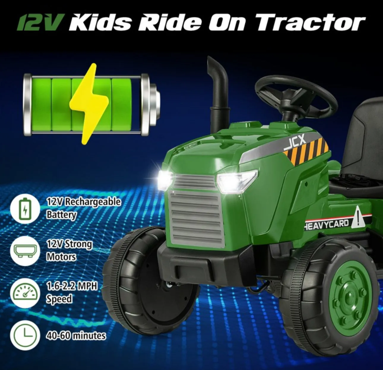 Super Cool 12Volt 2025 Kids Ride On Car Tractor With Trailer | USB | Lights | Horn | Radio | 3-7KPH Approx | Ages 3-8 | Remote