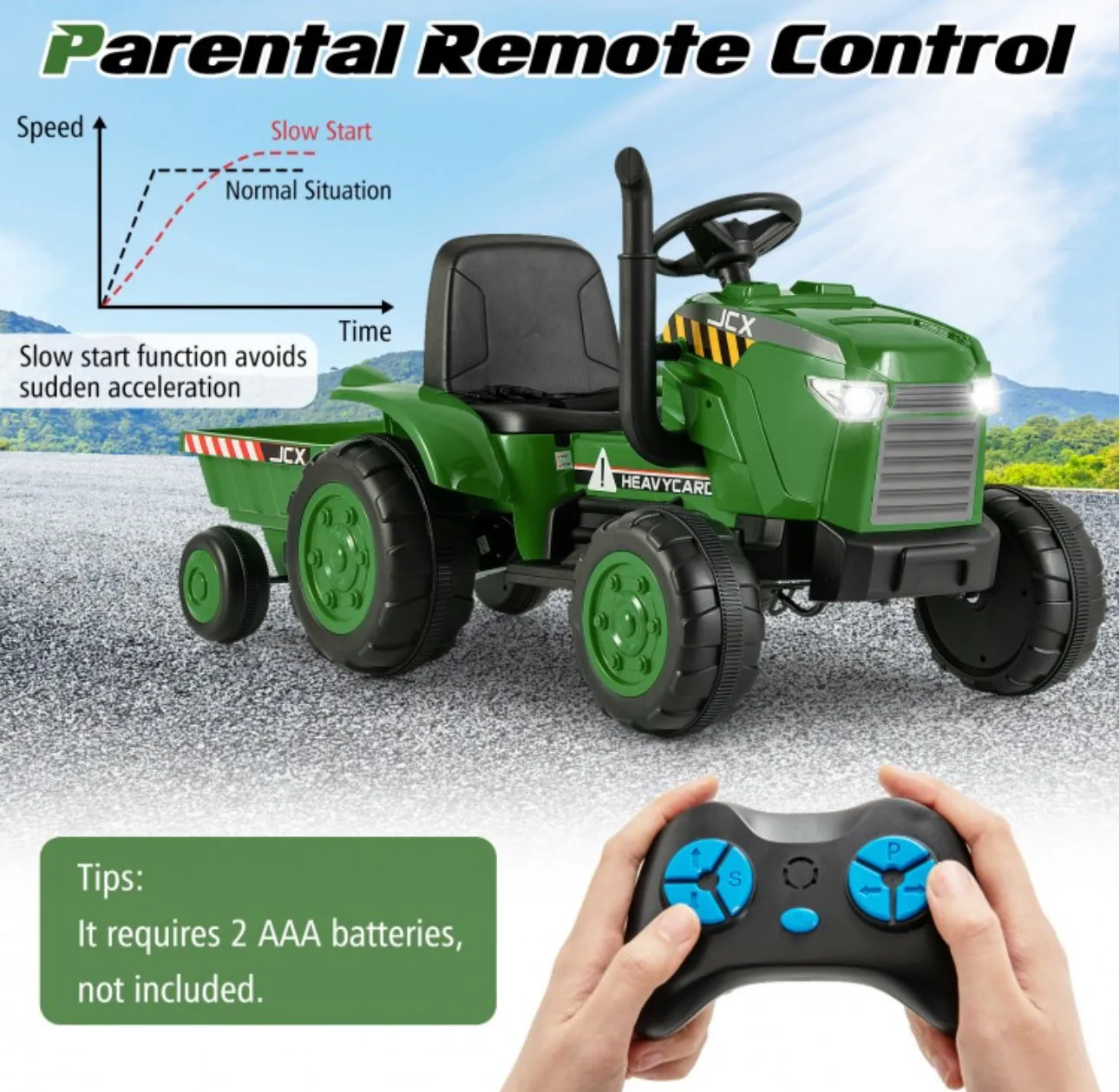 Super Cool 12Volt 2025 Kids Ride On Car Tractor With Trailer | USB | Lights | Horn | Radio | 3-7KPH Approx | Ages 3-8 | Remote