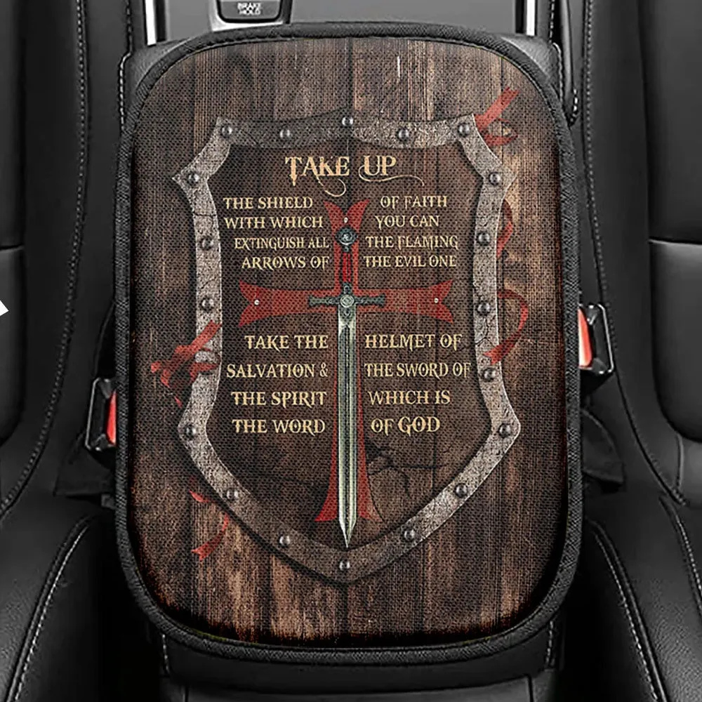 Take Up The Shield Of Faith Shield The Warrior Seat Box Cover, Inspirational Car Center Console Cover, Christian Car Interior Accessories