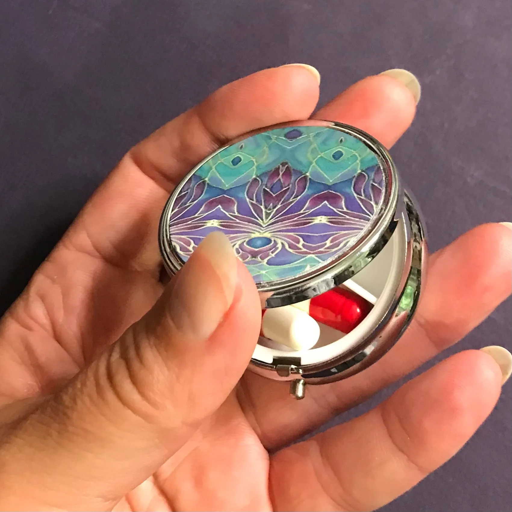 Turkish Blue Purple Persian Orchid Pill Box - pretty Round Trinket Box - Stud Earing Jewellery Box