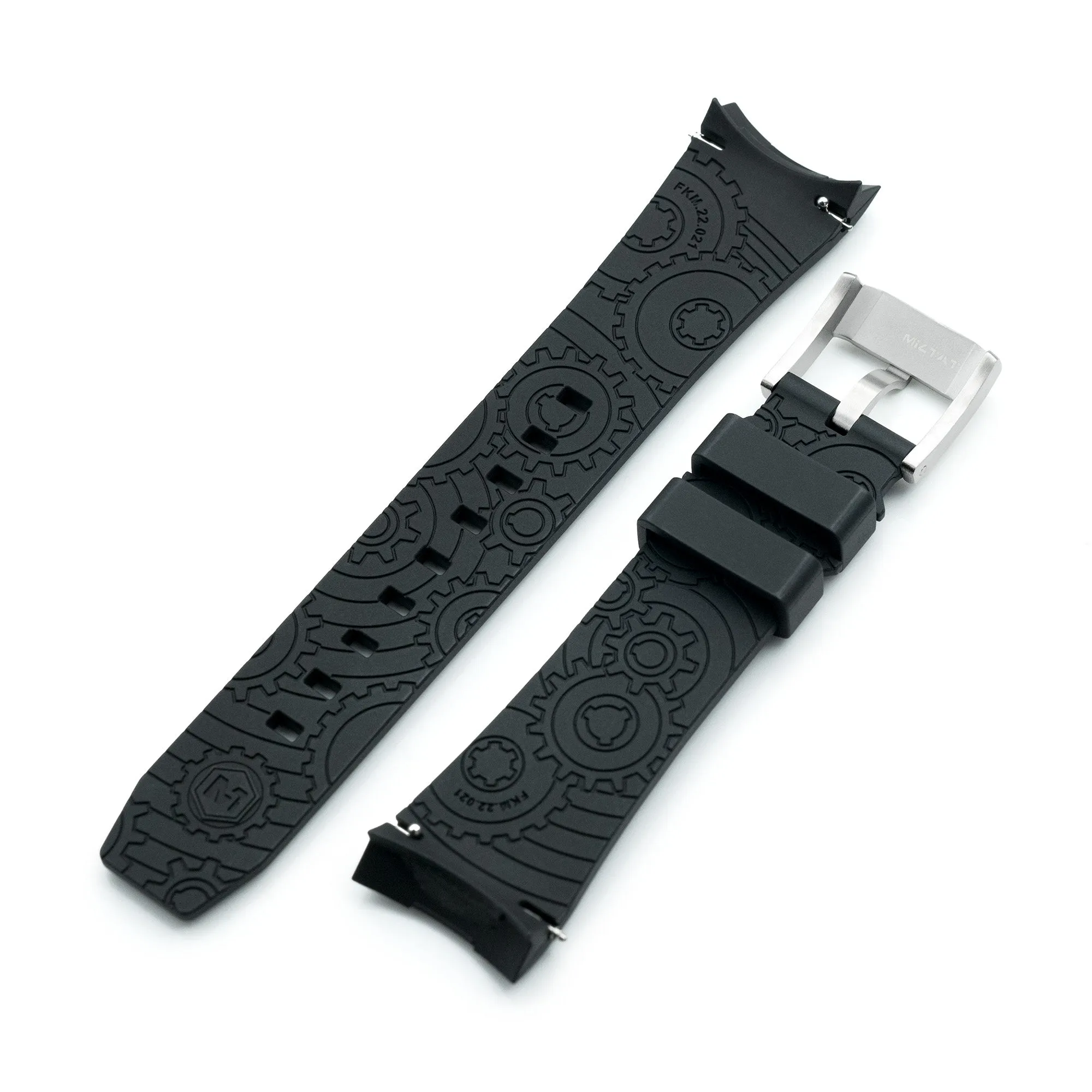 Wheels FKM Watch Band for Orient Kamasu, 22mm Black Rubber Quick Release Curved End