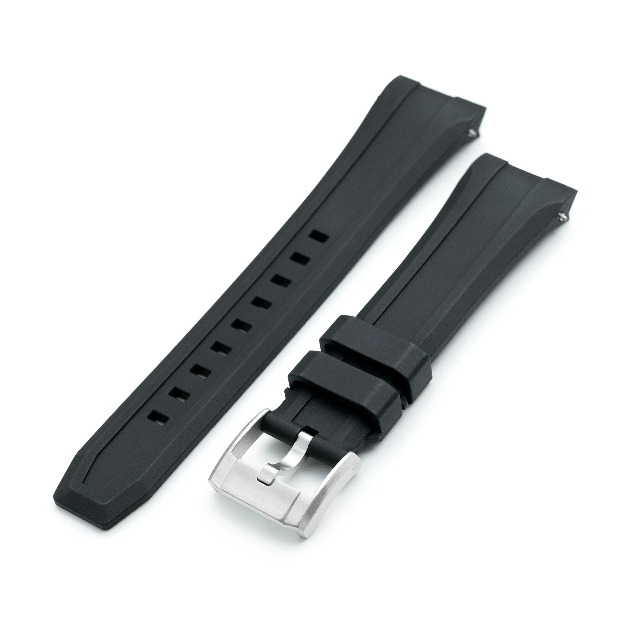 Wheels FKM Watch Band for Orient Kamasu, 22mm Black Rubber Quick Release Curved End