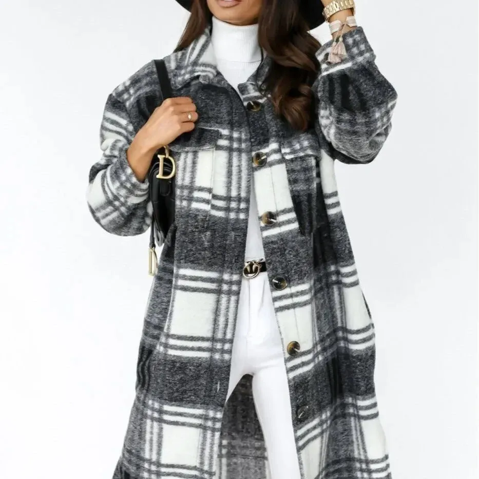 Women's Plaid Long Sleeve Shirt Jacket Medium-length Printing