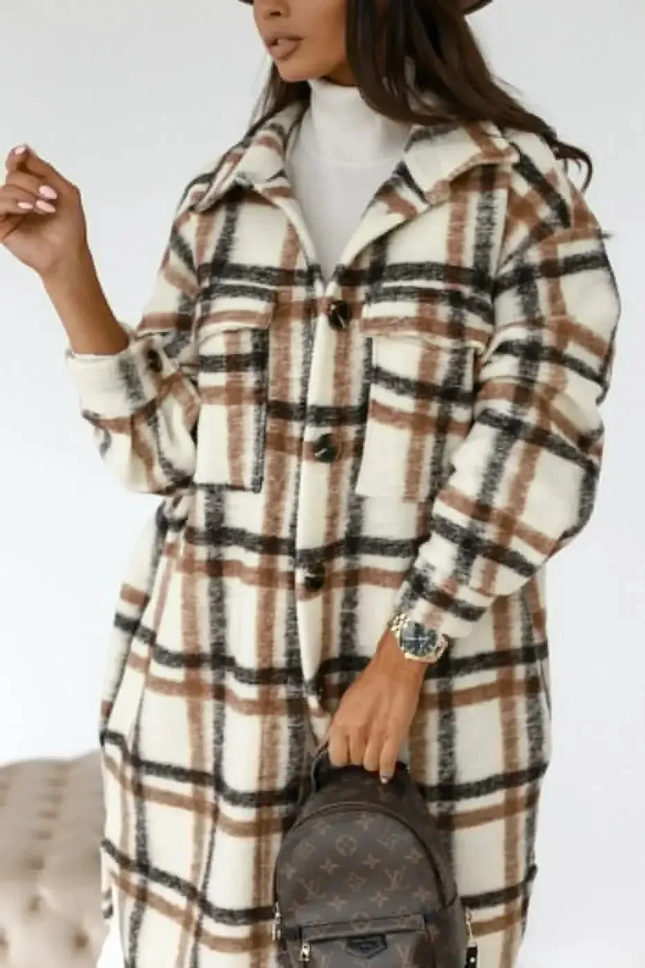 Women's Plaid Long Sleeve Shirt Jacket Medium-length Printing