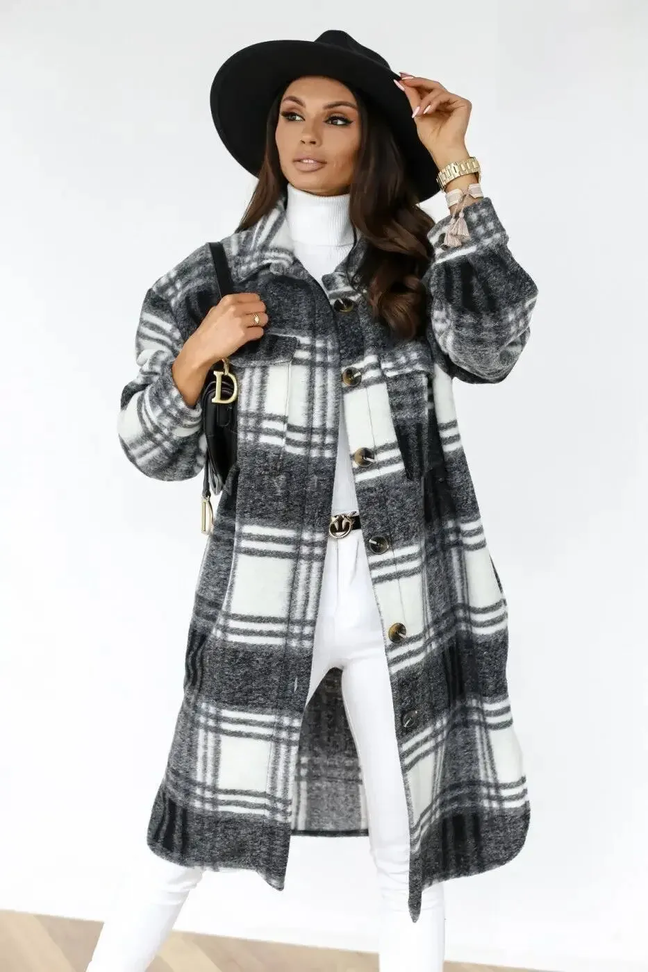 Women's Plaid Long Sleeve Shirt Jacket Medium-length Printing