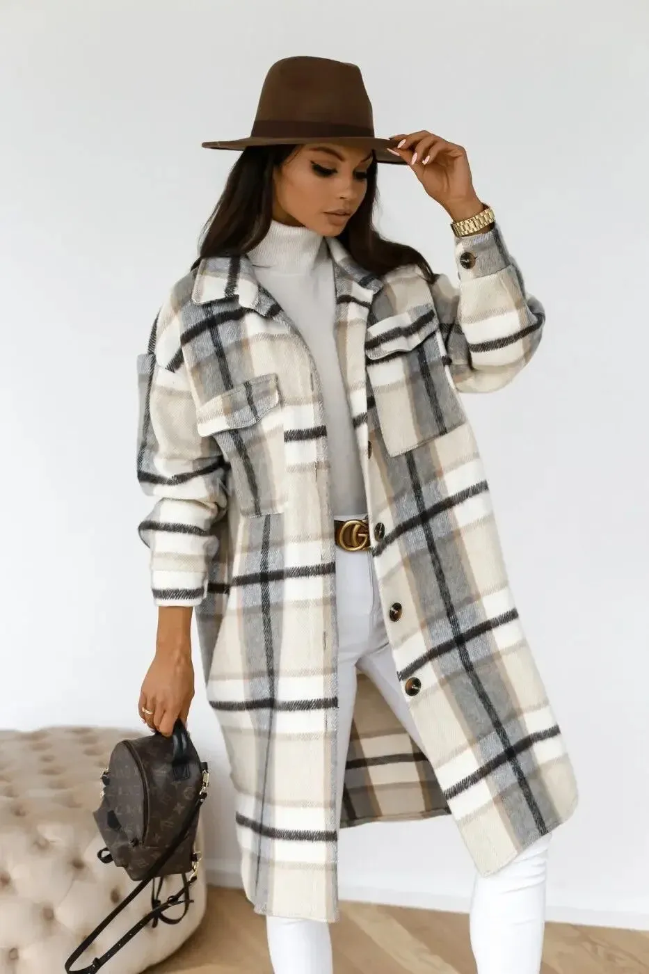 Women's Plaid Long Sleeve Shirt Jacket Medium-length Printing