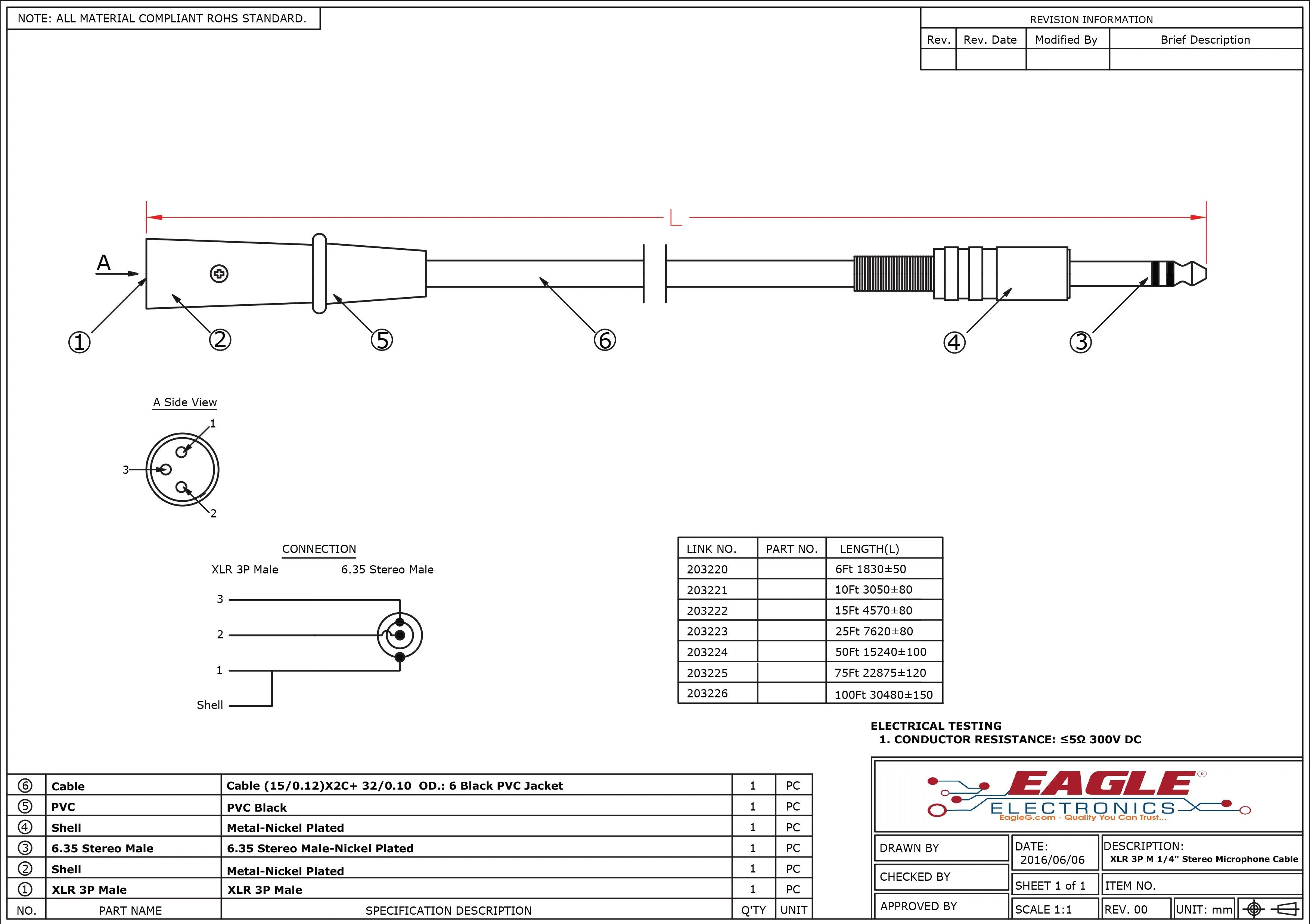 XLR 3P Male to 1/4" TRS Microphone Cable